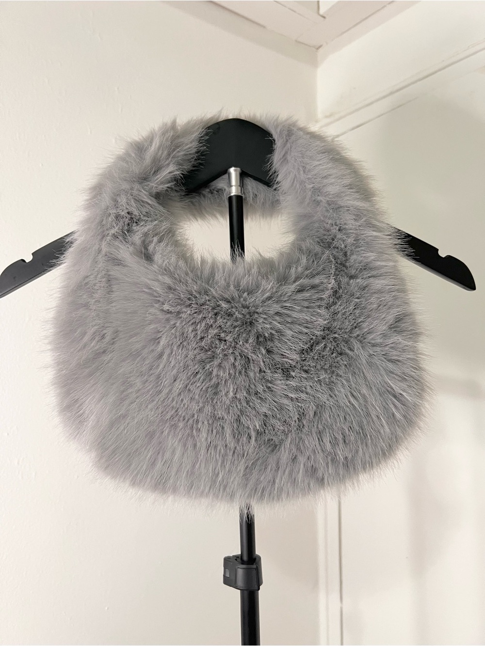 Luxury Silver Gray Faux Fur Mini Bag Y2K Glam Statement Purse - Picture 3 of 4